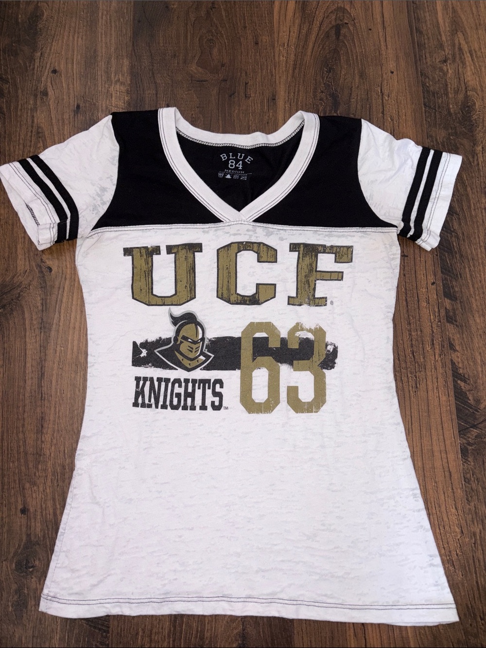 Blue 84 UCF Knights White Black V‑Neck Tee with Gold Print